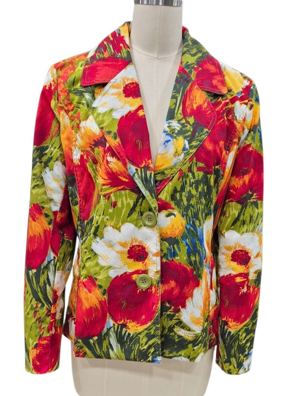 Chico's Watercolor blazer women's size 1 US Small red green floral pockets FLAW